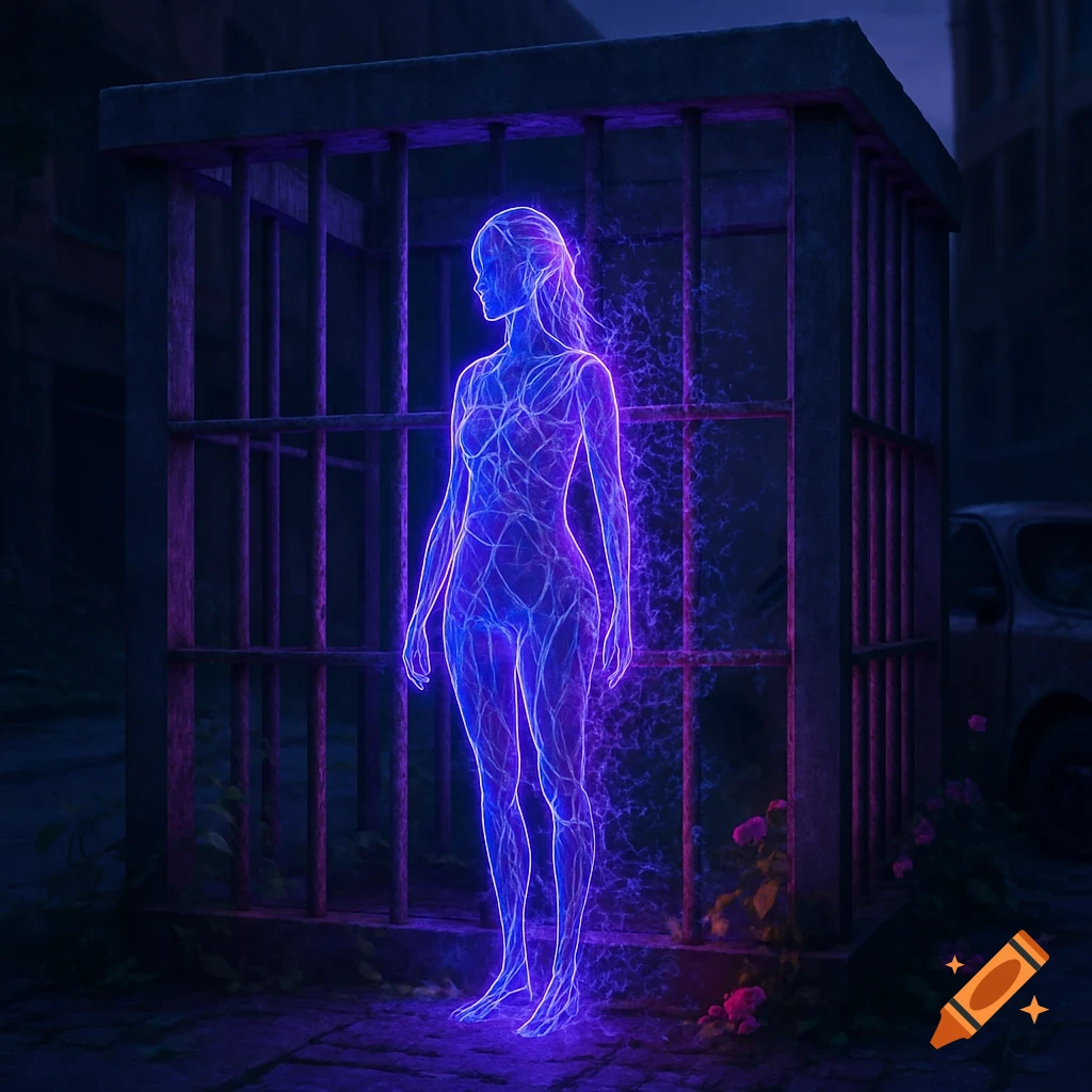 A glowing blue and purple neon female figure stands inside a dark, concrete cage in an overgrown city street, with electric tendrils emanating from her body.