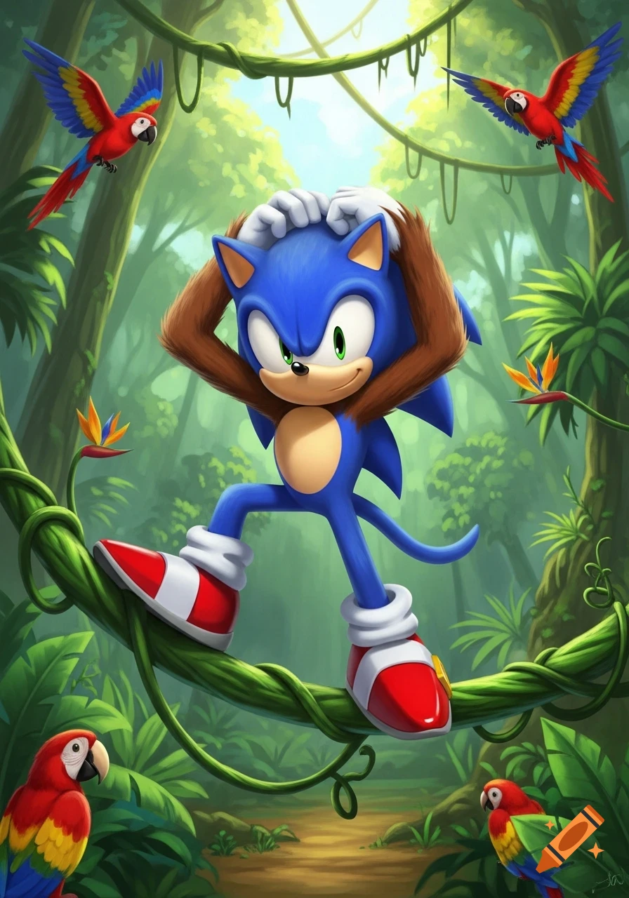 Sonic the Hedgehog with furry brown arms, acting like a monkey on a jungle vine with colorful parrots.