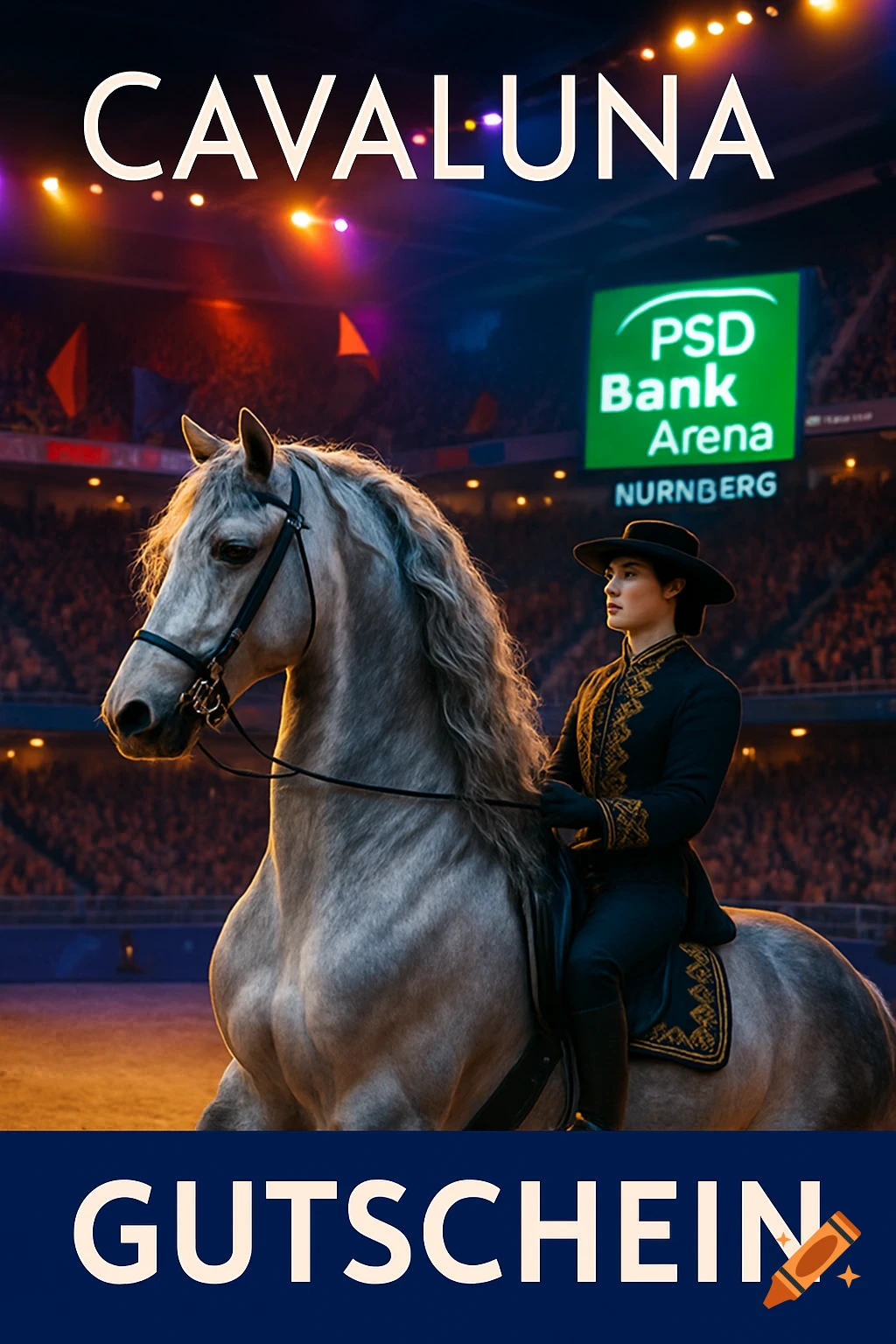 A rider on a grey horse in a brightly lit arena, featuring text 'CAVALUNA', 'PSD Bank Arena NURNBERG', and 'GUTSCHEIN'.