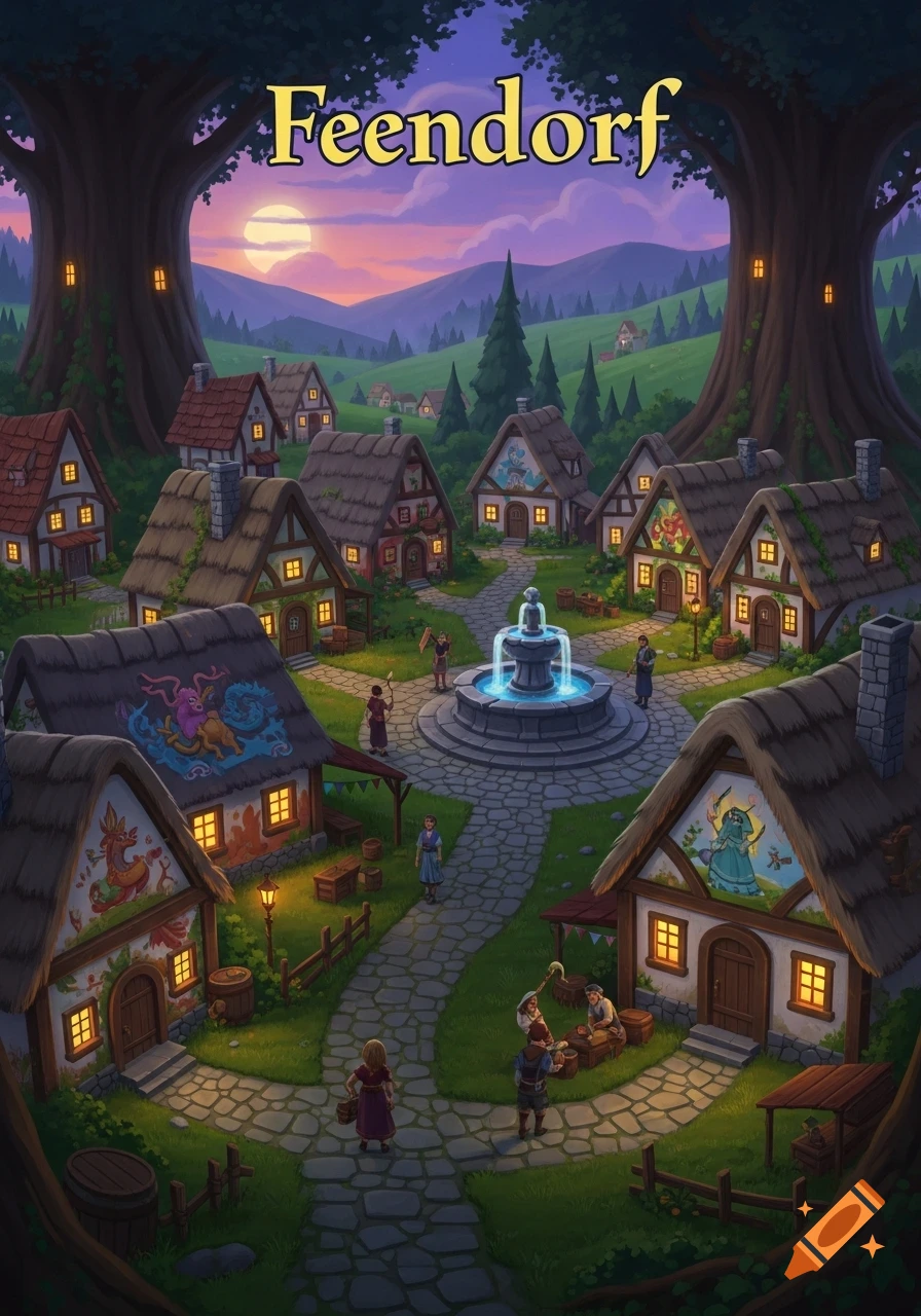 A vibrant, cartoonish fantasy village named 'Feendorf' at sunset, nestled between giant trees with a central fountain and villagers.