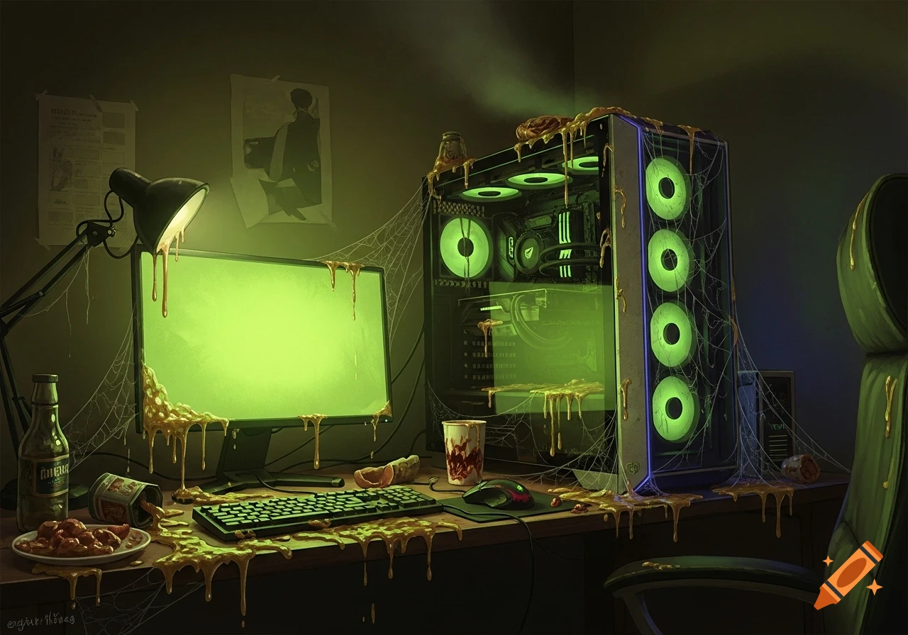 A modern PC gaming setup, monitor, keyboard, and mouse, covered in dripping yellow goo and spiderwebs, creating a disgusting and messy scene.