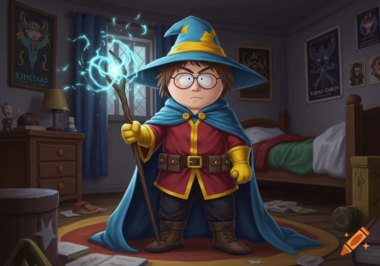 A cartoon character resembling teenage Cartman from South Park, dressed as a wizard, stands in his bedroom holding a glowing staff.