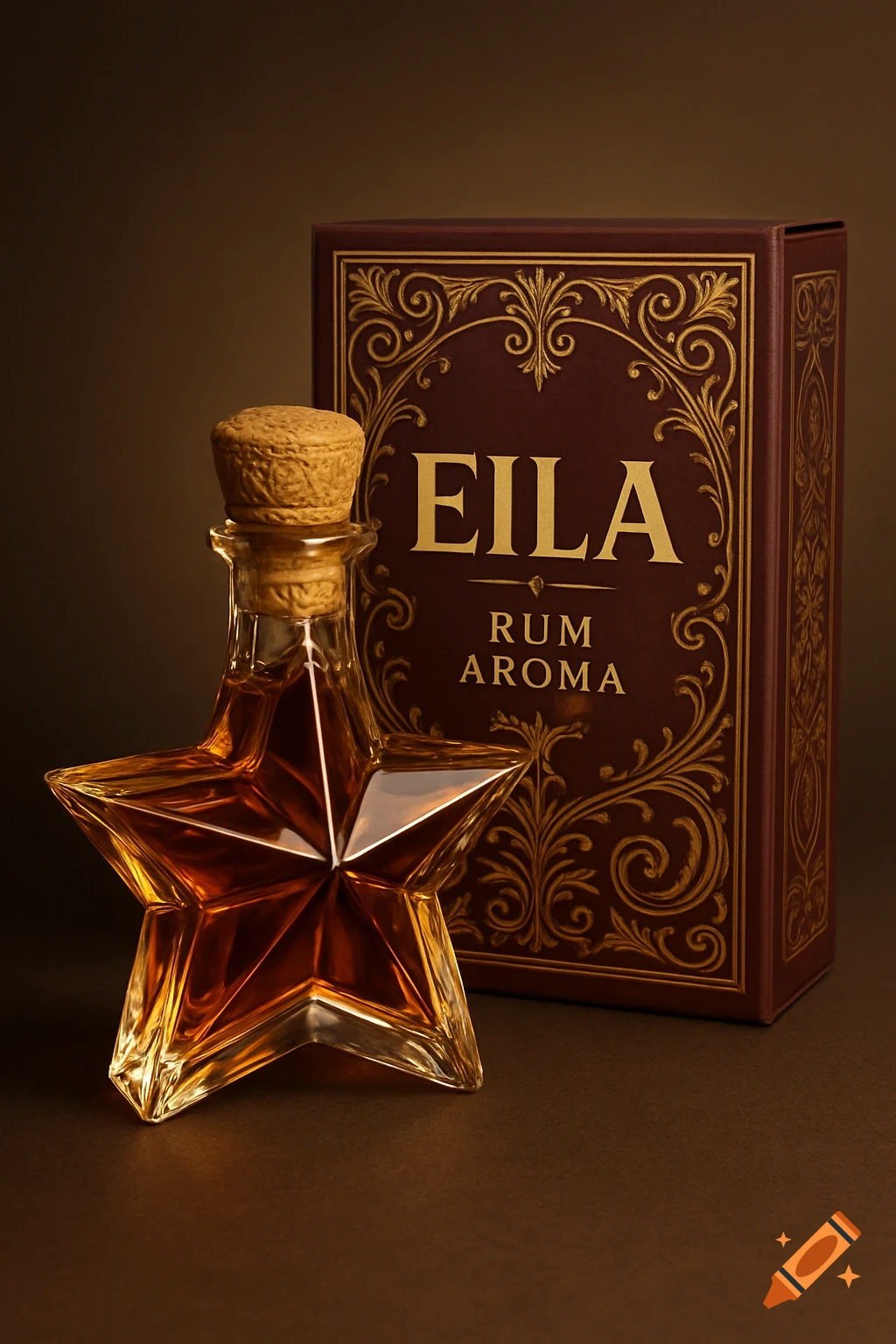 Star-shaped glass bottle of brown rum aroma with cork stopper, in front of a maroon box labeled "EILA RUM AROMA" with gold scrollwork.