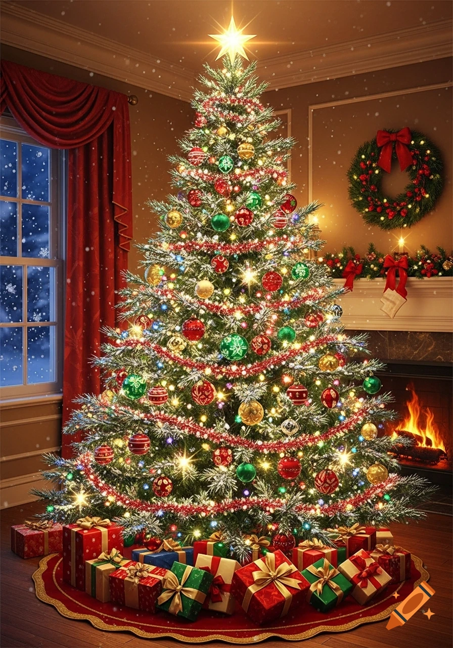 A glowing, decorated Christmas tree surrounded by presents in a warm room with a fireplace and snowy window. Photorealistic.