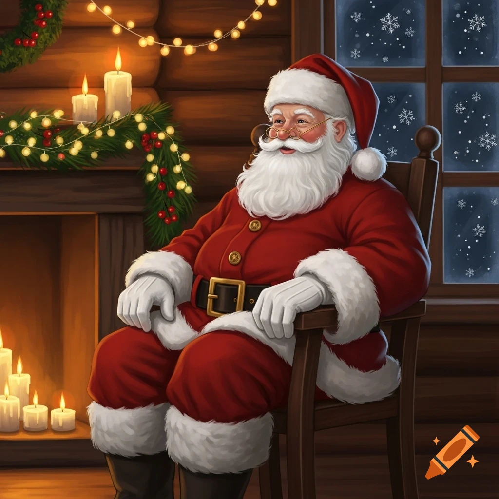 Illustrated Santa Claus sits in a wooden chair by a fireplace with Christmas decorations and a snowy window.