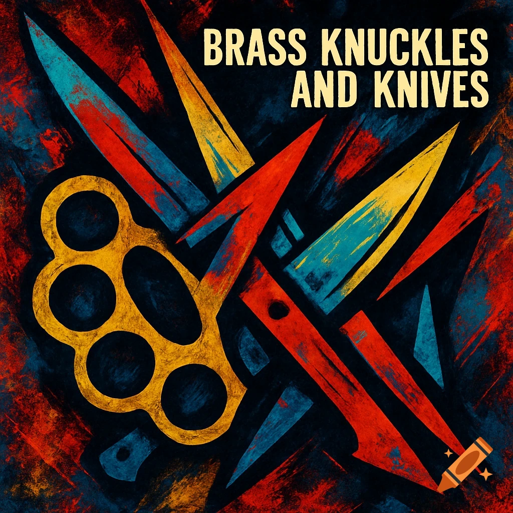 Abstract album cover featuring yellow brass knuckles and stylized red and blue knives on a dark background, with "BRASS KNUCKLES AND KNIVES" text.