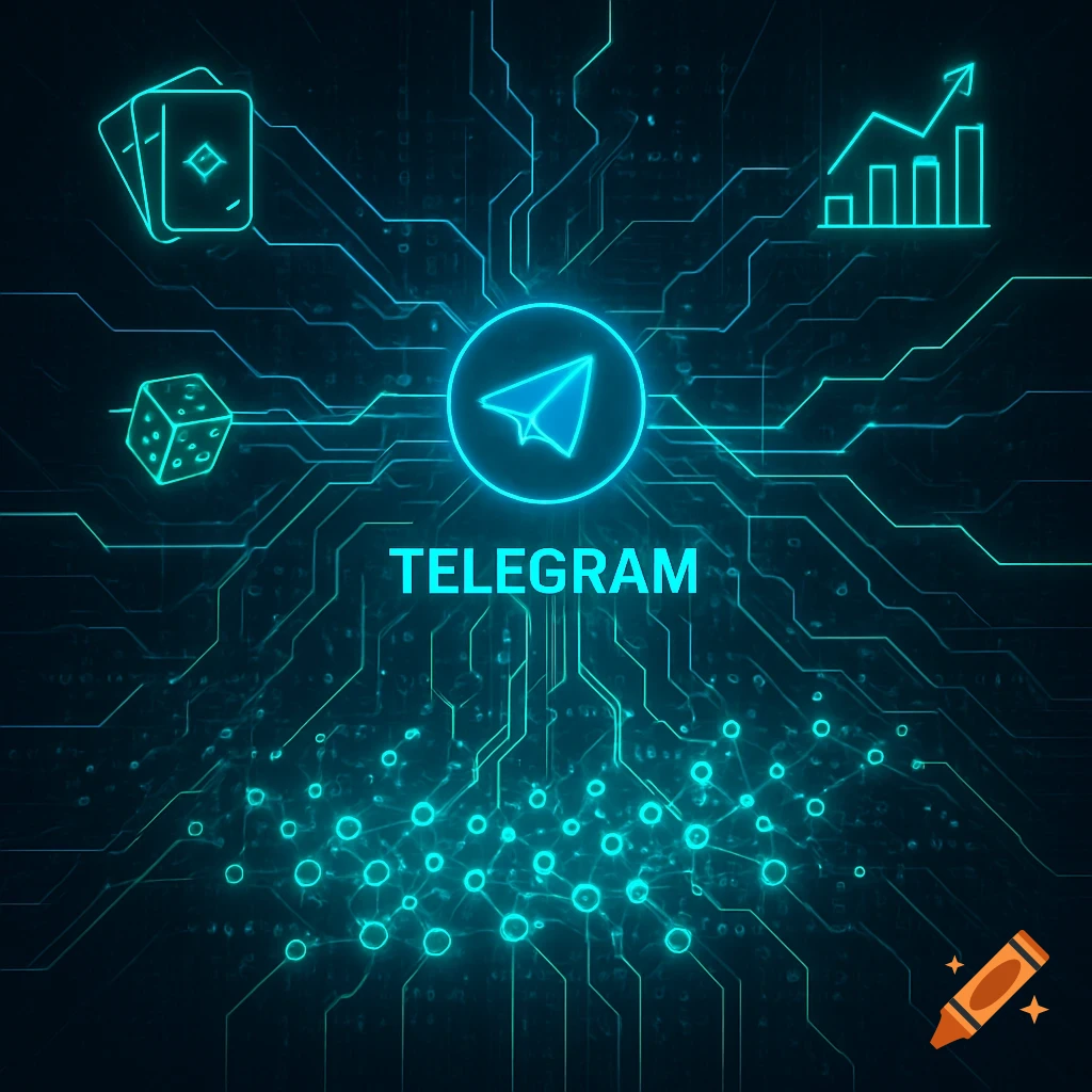 A glowing blue Telegram logo surrounded by neon circuit lines, playing cards, dice, and a bar graph, on a dark digital background.