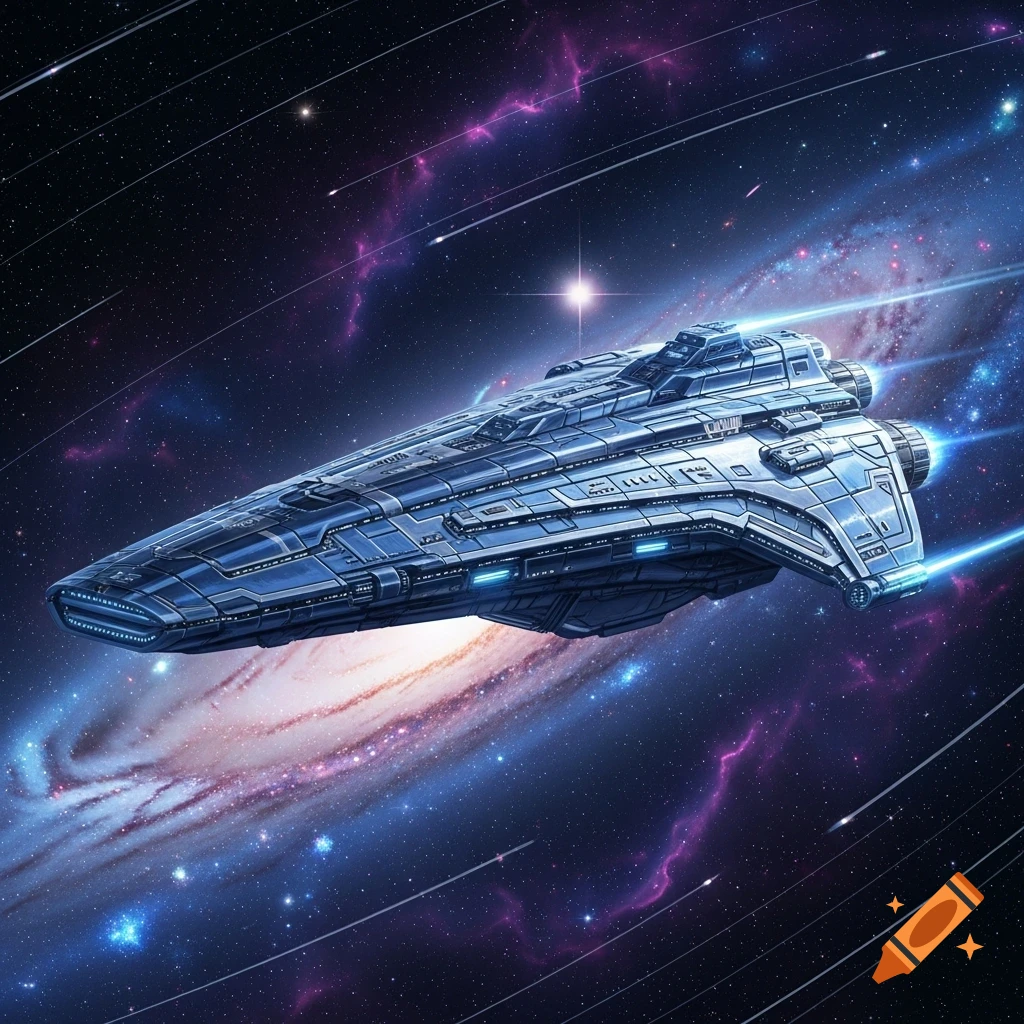 A sleek, metallic blue and silver spaceship with glowing engines flies through a vibrant, star-filled galaxy with purple and pink nebulae.