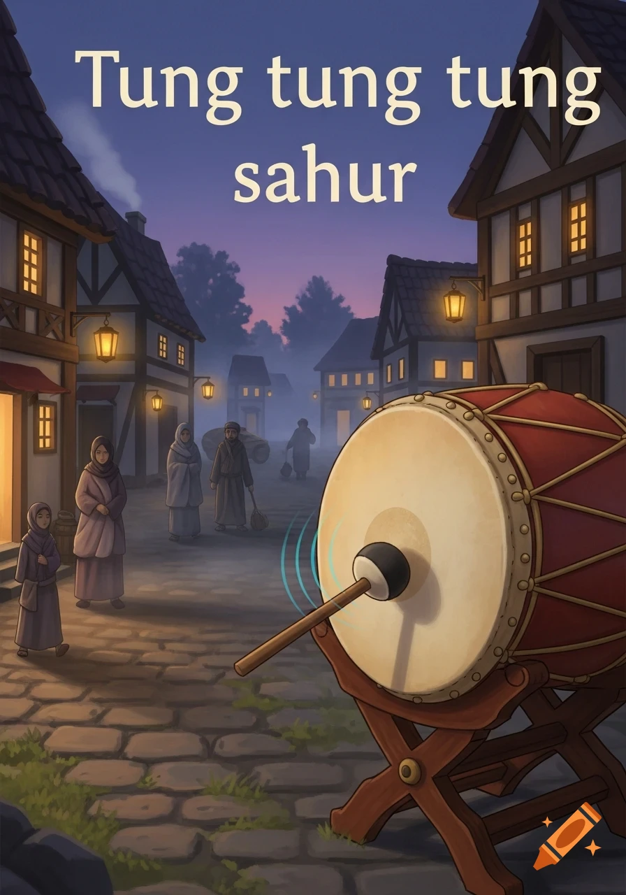 Illustration of a night village street with people in robes and a large drum, featuring text 'Tung tung tung sahur'.