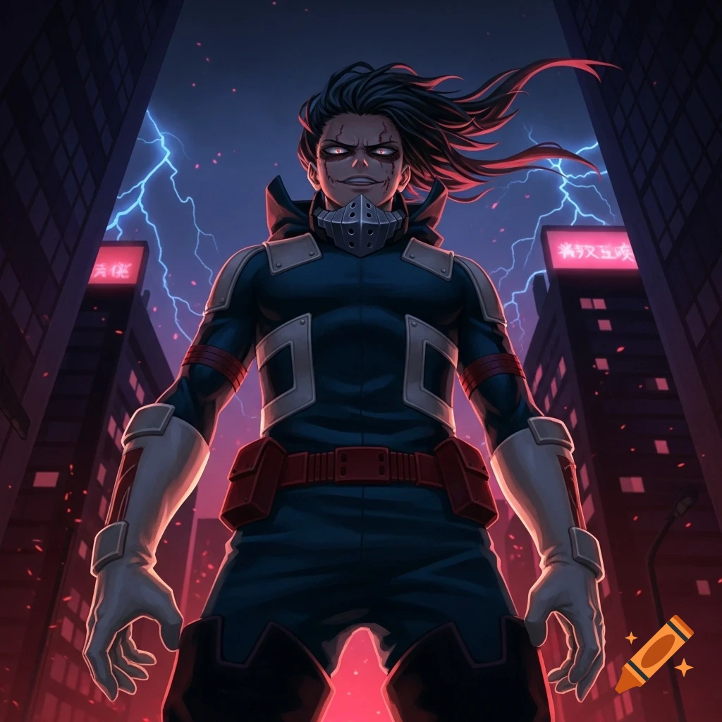 An anime character with dark hair and a menacing grin wears a dark blue, red, and white suit with a mask, standing in a city at night with lightning in the sky.