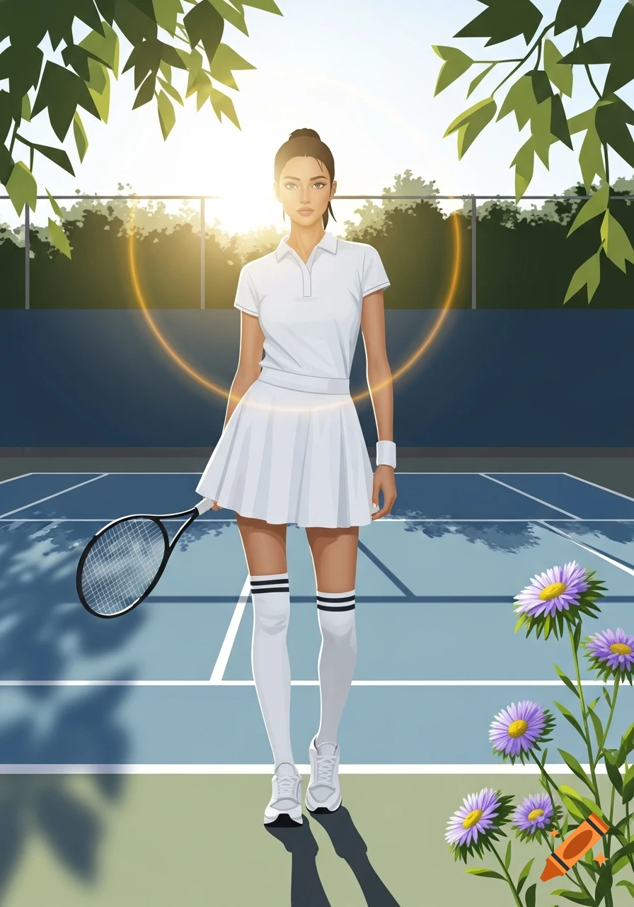 An illustration of a woman in a white tennis outfit with knee-high socks, holding a tennis racket on a blue court.