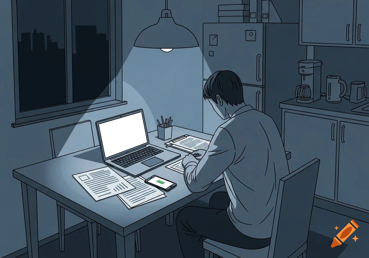 A minimalist, moody illustration of a person working at a kitchen table at night, seen from behind. A laptop, papers, and a charging phone are on the table.