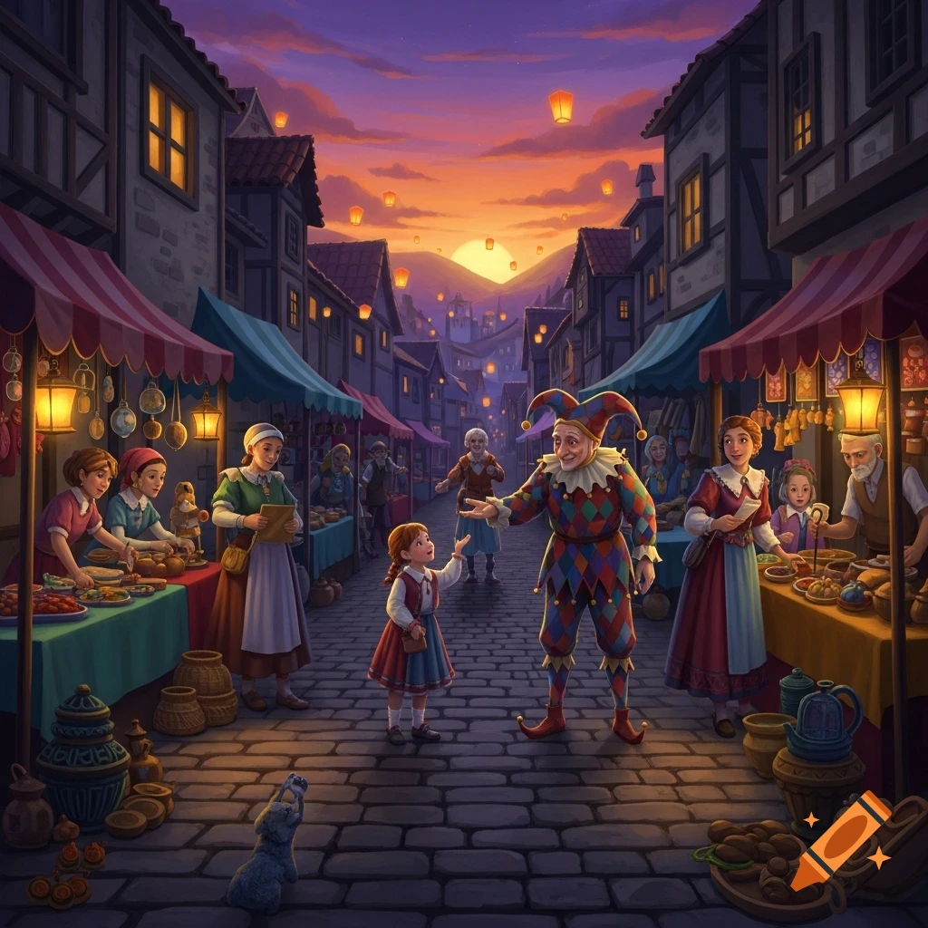 A colorful jester talks to a small child in a vibrant fantasy market at sunset, with villagers, stalls, and floating lanterns.