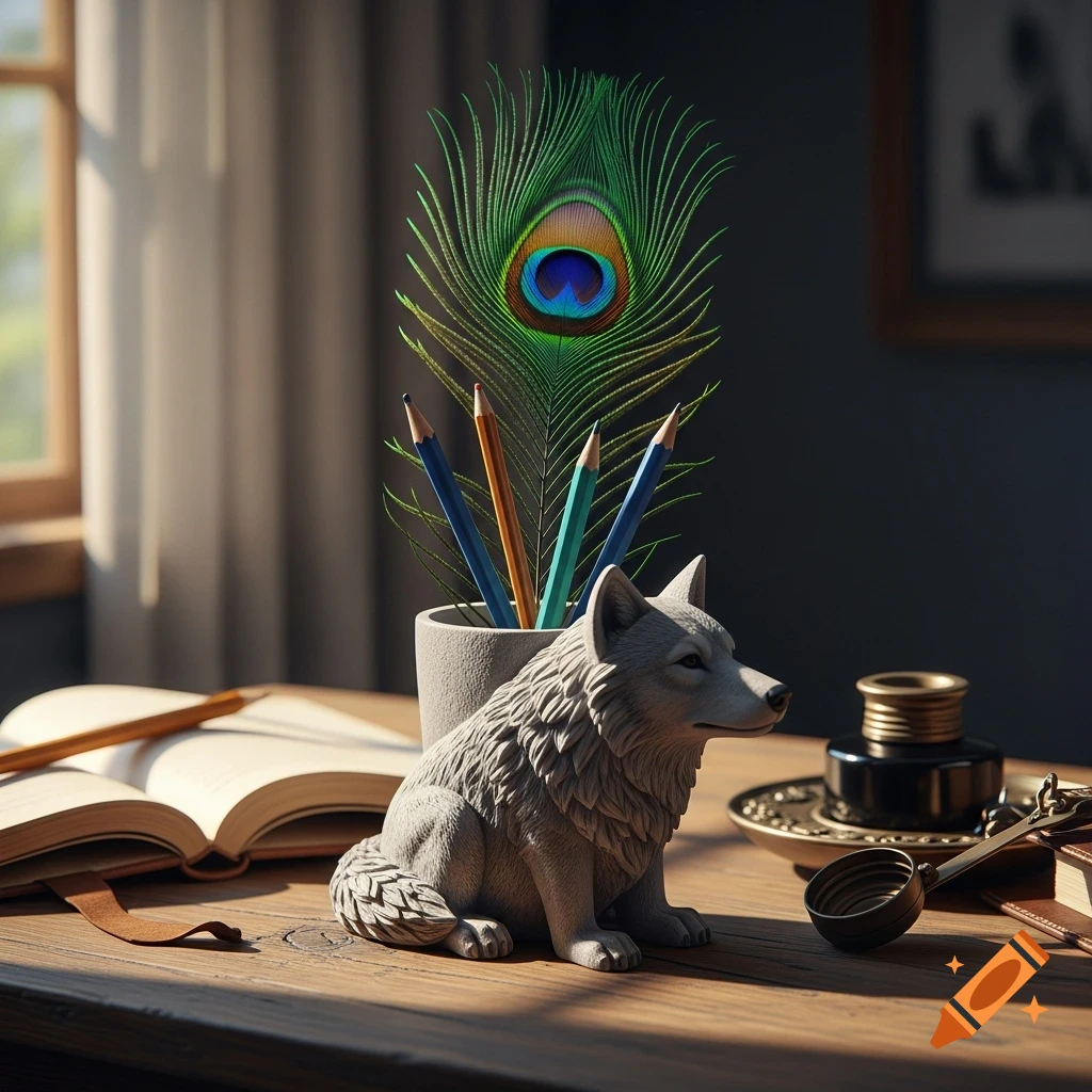 A grey wolf statue sits on a wooden desk next to a pot holding colorful pencils and a vibrant peacock feather. An open book and an inkwell are also on the desk.