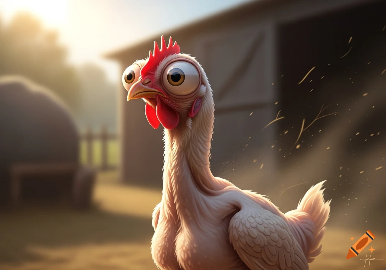 Cartoon plucked chicken with exaggerated big eyes and a long neck, standing on a farm.