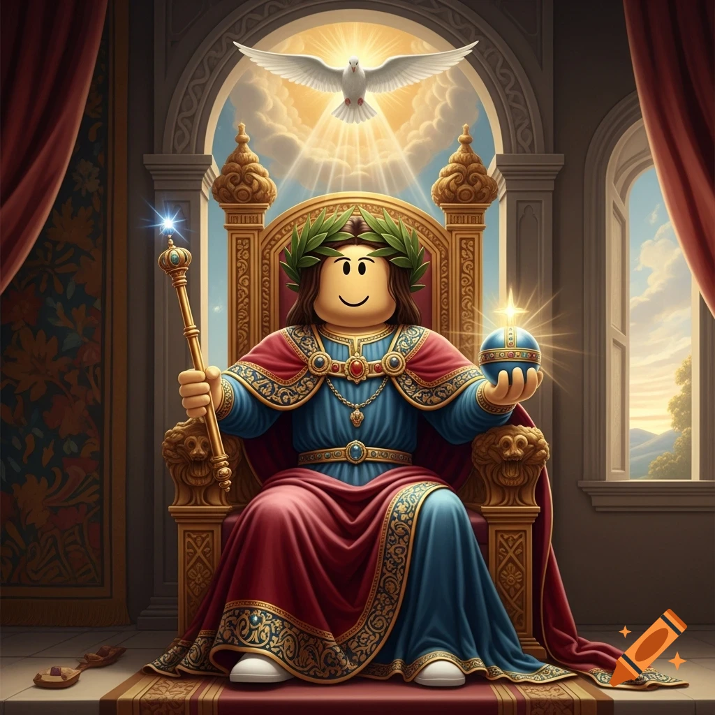 A Roblox avatar, resembling a Renaissance painting, sits on a golden throne dressed in royal robes, holding a scepter and an orb, with a dove and light above.