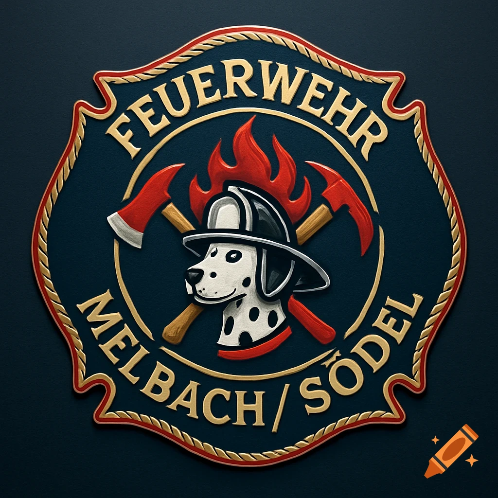 Firefighter logo with a Dalmatian in a helmet, crossed axes, and flames on a dark blue shield with gold trim, text 'FEUERWEHR MELBACH/SÖDEL'.