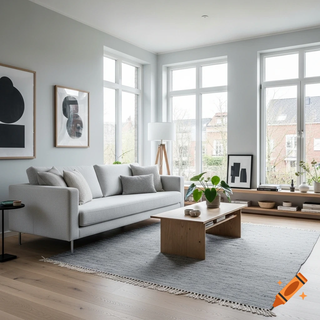 A bright Scandinavian living room with a light gray sofa, wooden coffee table, and large windows.