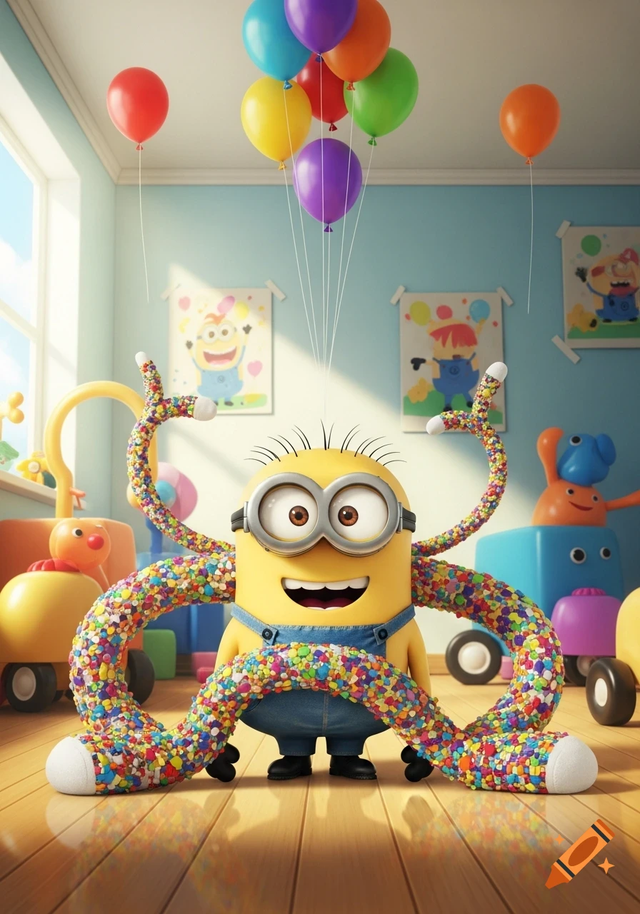 A smiling Minion character with multi-colored sprinkle-covered limbs in a bright children's room with balloons and toy cars.