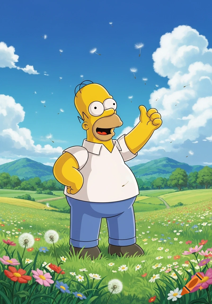 Homer Simpson gives a thumbs up in a vibrant, flower-filled meadow under a blue sky, in an anime style.