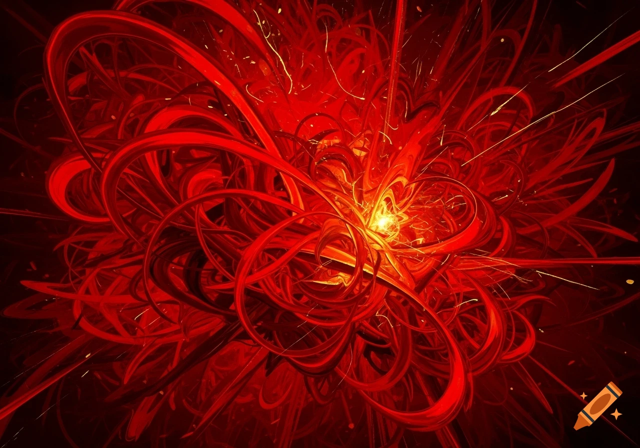 Vibrant abstract red pattern with swirling lines and a bright glowing yellow center, emitting sparks.