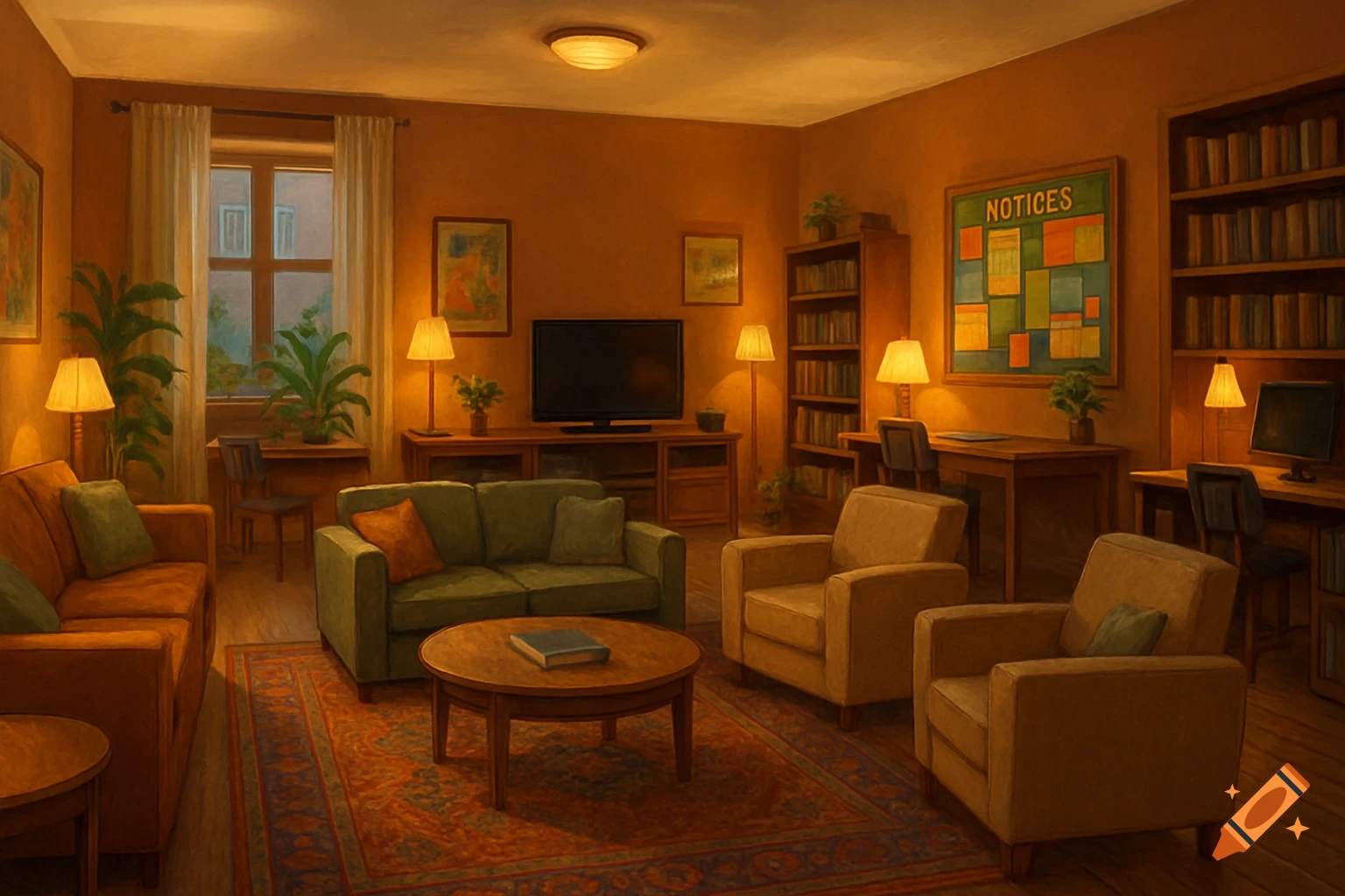 A warmly lit, cozy living room with sofas, armchairs, desks, and bookshelves, featuring a notice board and plants, in a painterly style.