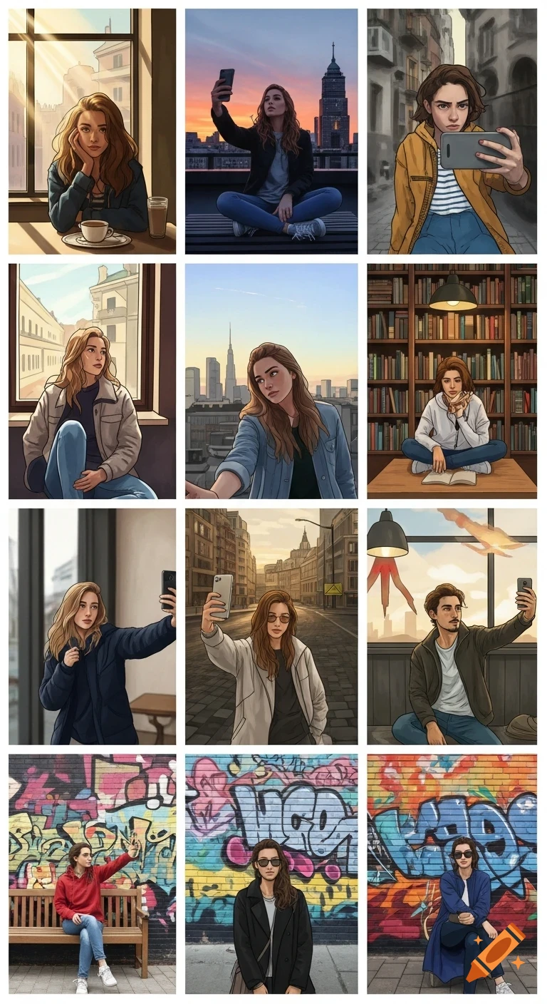 A 3x4 grid of illustrations showing a young woman and a man taking selfies or posing in various urban and indoor settings.