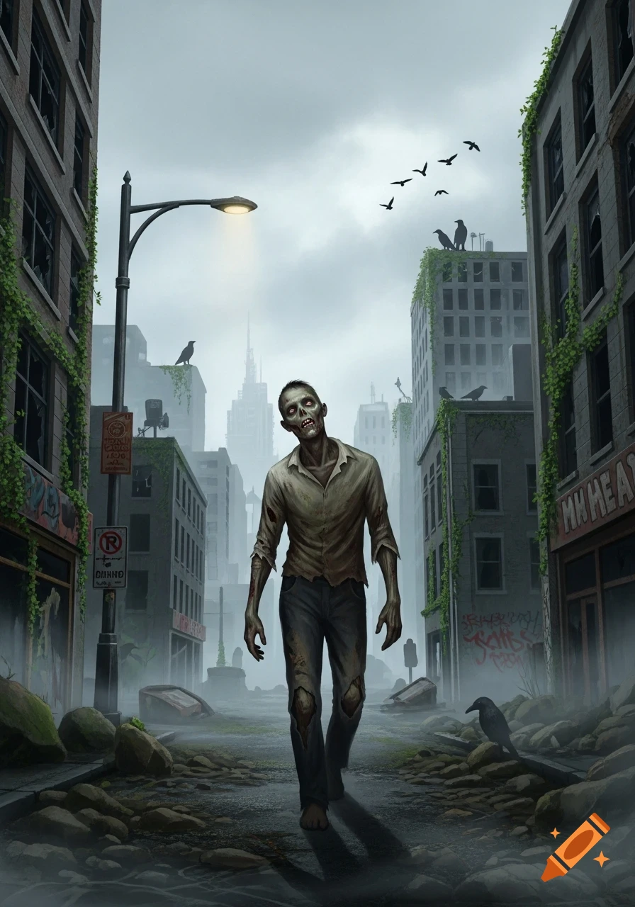 A lone zombie in a tattered shirt and pants walks down a ruined, overgrown city street under a cloudy sky, with crows on buildings.