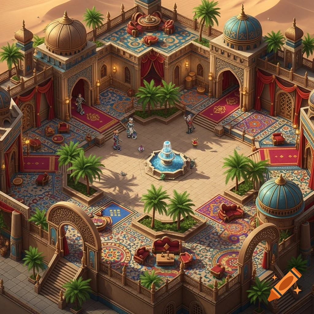 Isometric top-down view of an Arabian Nights palace battle map with a courtyard, fountain, and palm trees.