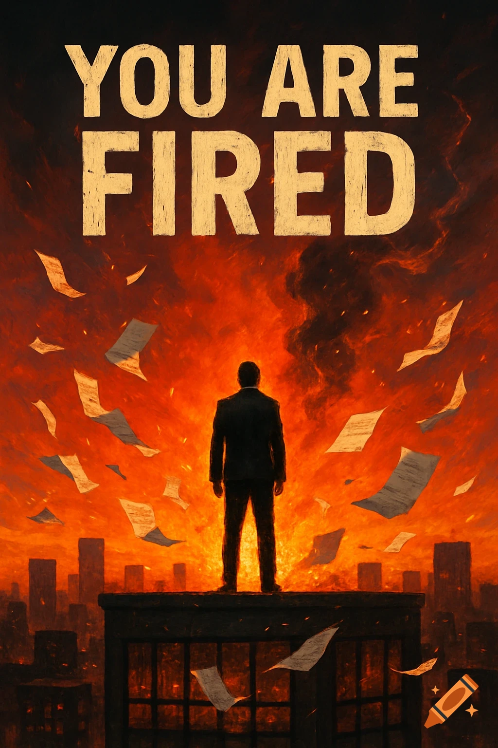 A person stands on a rooftop overlooking a burning city with "YOU ARE FIRED" written above.