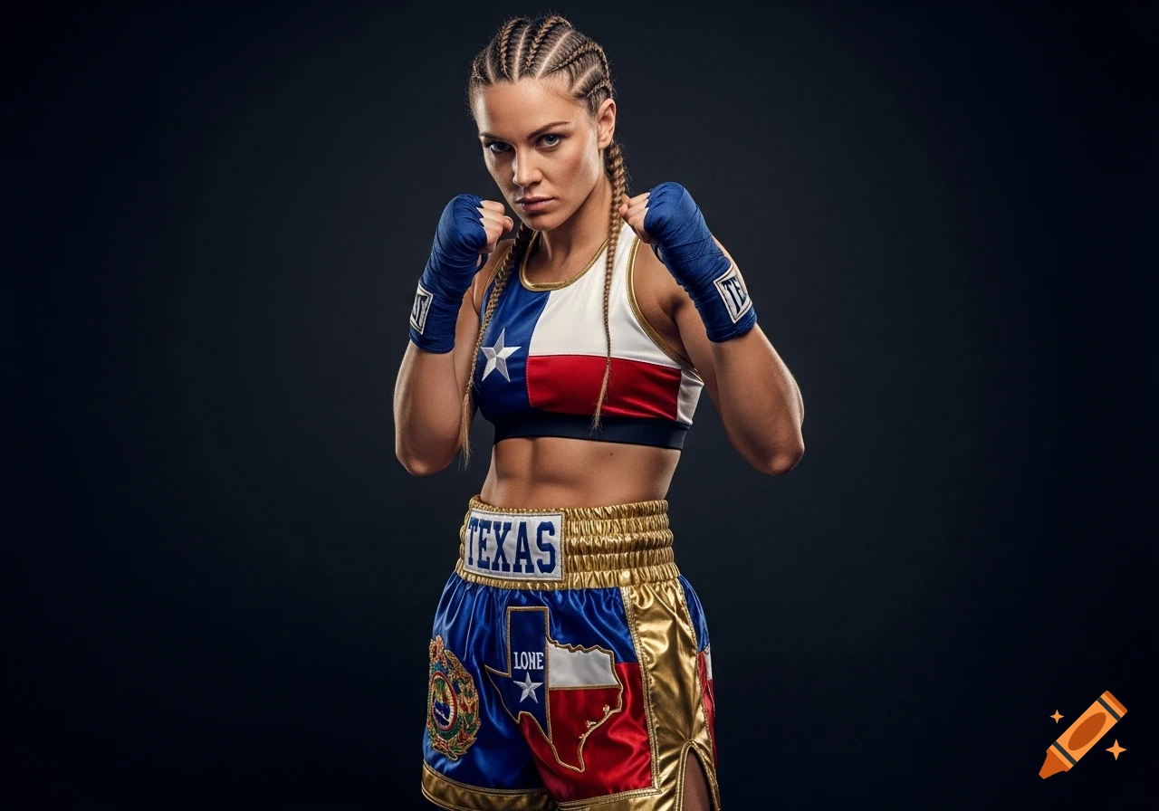 A female boxer with braided hair and blue hand wraps, wearing a Texas flag-themed sports bra and shorts, stands in a fighting stance.