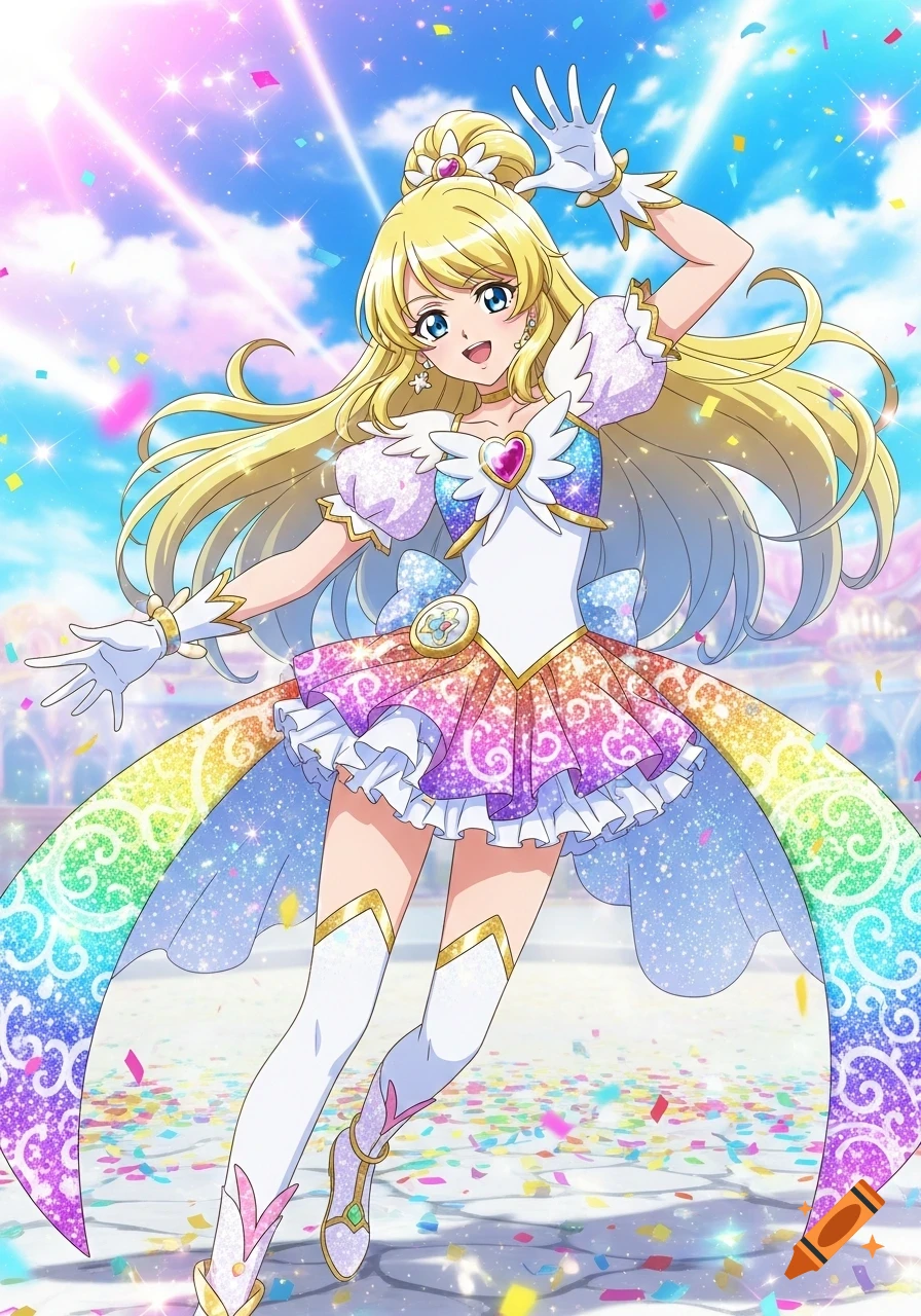 A cheerful anime magical girl with blonde hair and a sparkling rainbow dress poses with confetti under a bright sky.