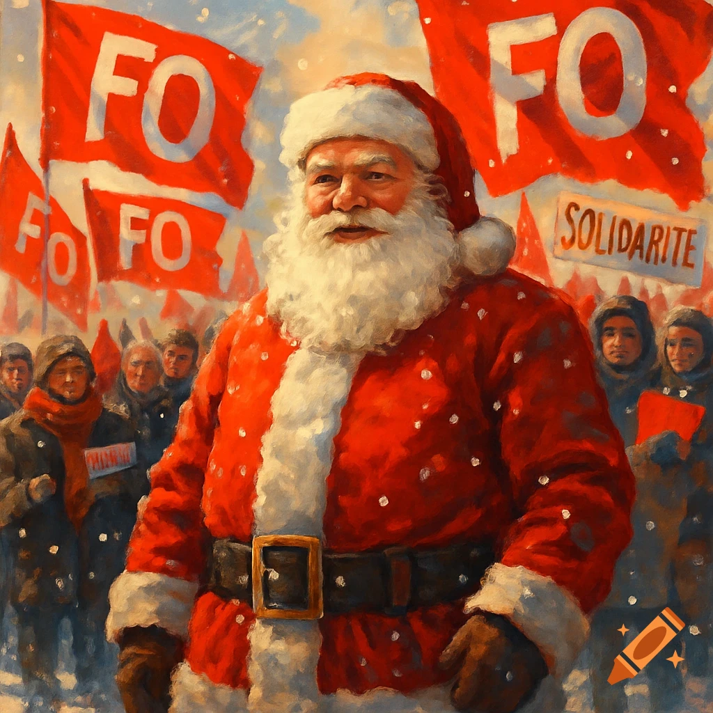 A painterly image of Santa Claus leading a union protest, surrounded by people and red flags with 'FO' and a 'SOLIDARITE' sign.