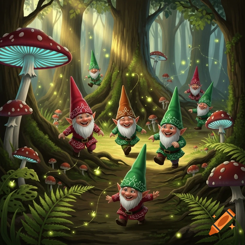 Mischievous gnomes with red and green hats skip through a magical forest filled with glowing fireflies and red-capped mushrooms.