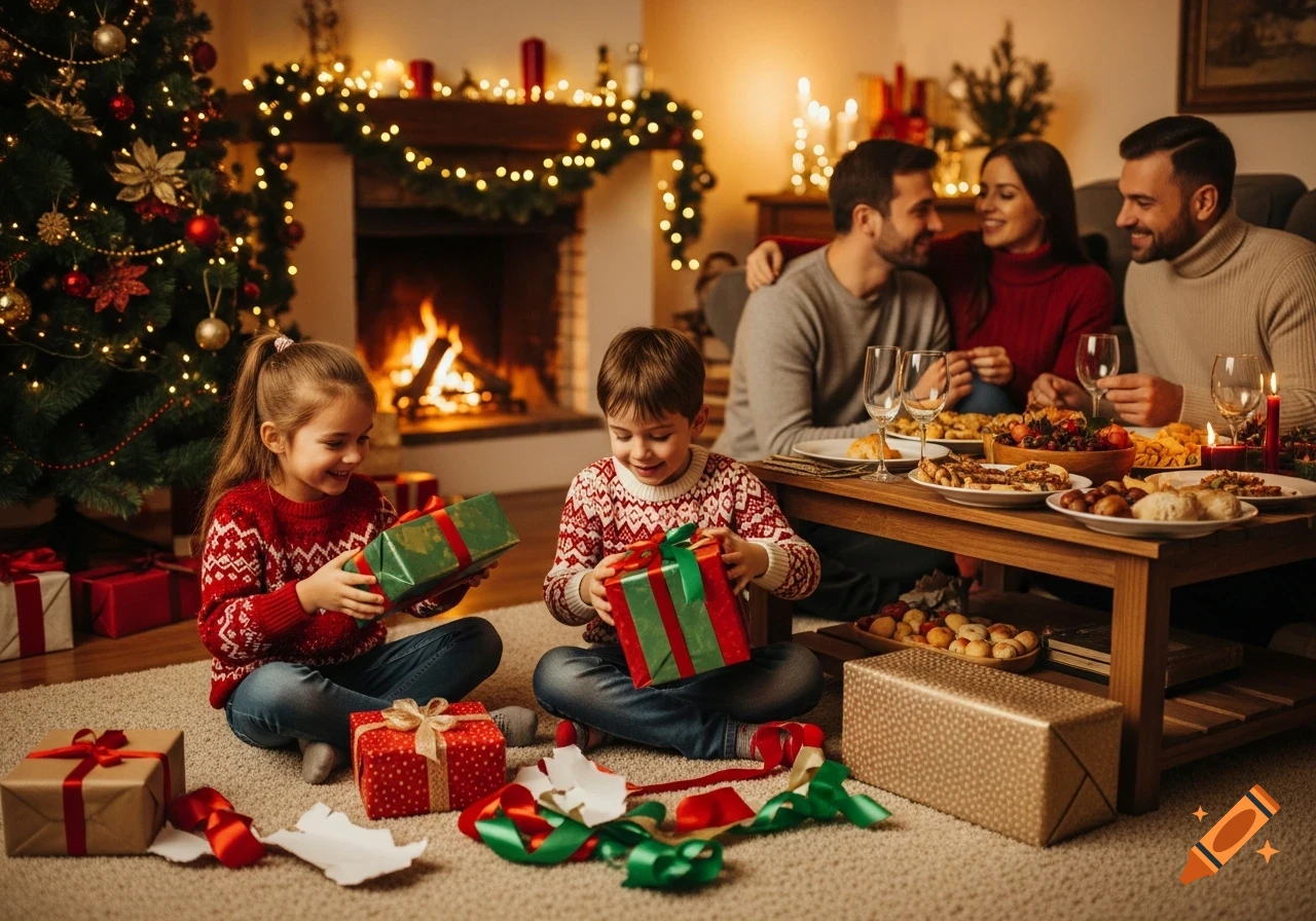 Two smiling children open gifts on a living room floor. Adults dine in the background. Decorated Christmas tree and fireplace. Photorealistic.