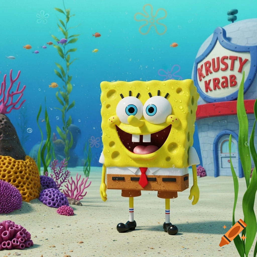 3D animated Spongebob Squarepants stands on the sandy ocean floor with the Krusty Krab restaurant behind him.