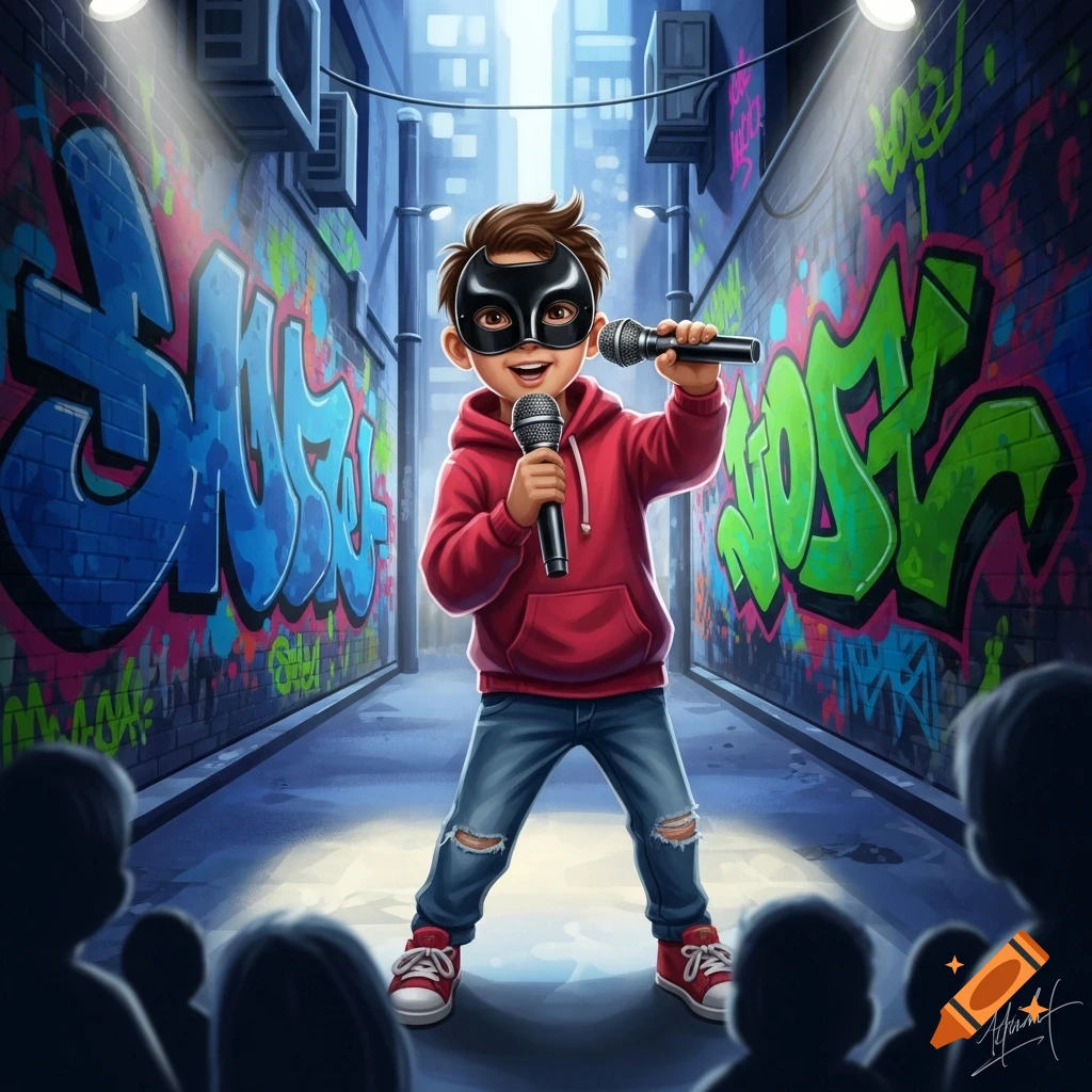 A masked child in a red hoodie sings with two microphones on a spotlighted stage in a graffiti-filled urban alley.