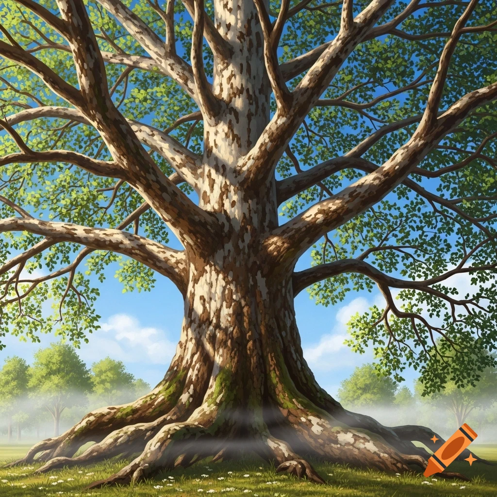 A large, old sycamore tree with broad roots and spreading branches full of green leaves, standing in a grassy field under a blue sky.