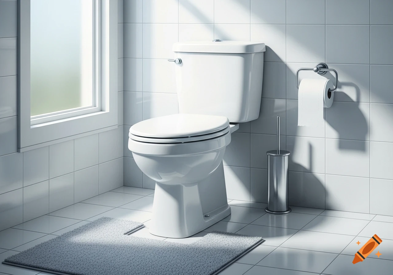 A clean, modern bathroom with a white toilet, toilet paper, toilet brush, and a gray mat, illuminated by sunlight from a window.