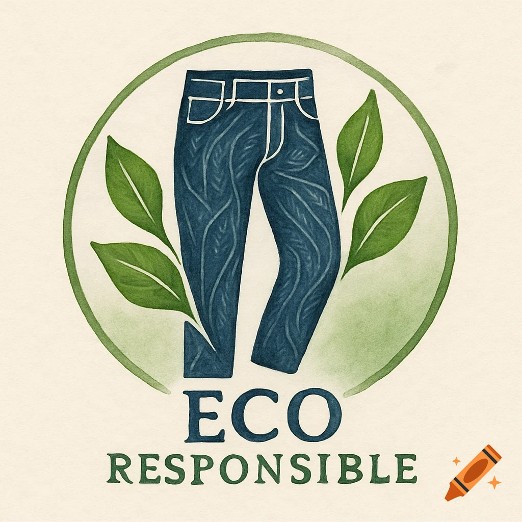 A watercolor-style logo with blue jeans featuring leaf patterns, green leaves, and the text 'ECO RESPONSIBLE'.