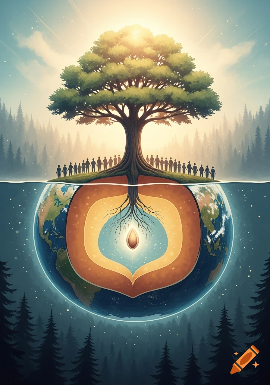 Watercolor illustration of a giant tree with people around its base, roots delving into a cross-section of Earth showing a glowing core.