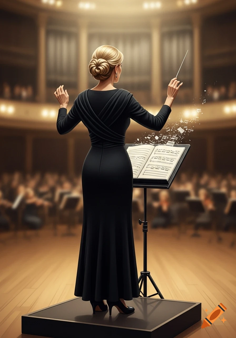 A woman with blonde hair in a chignon, wearing a long black dress, conducts an orchestra with a baton from behind.