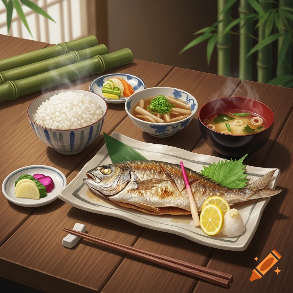 A Japanese grilled fish set meal with rice, miso soup, and pickles on a wooden table, surrounded by bamboo. Illustrated style.