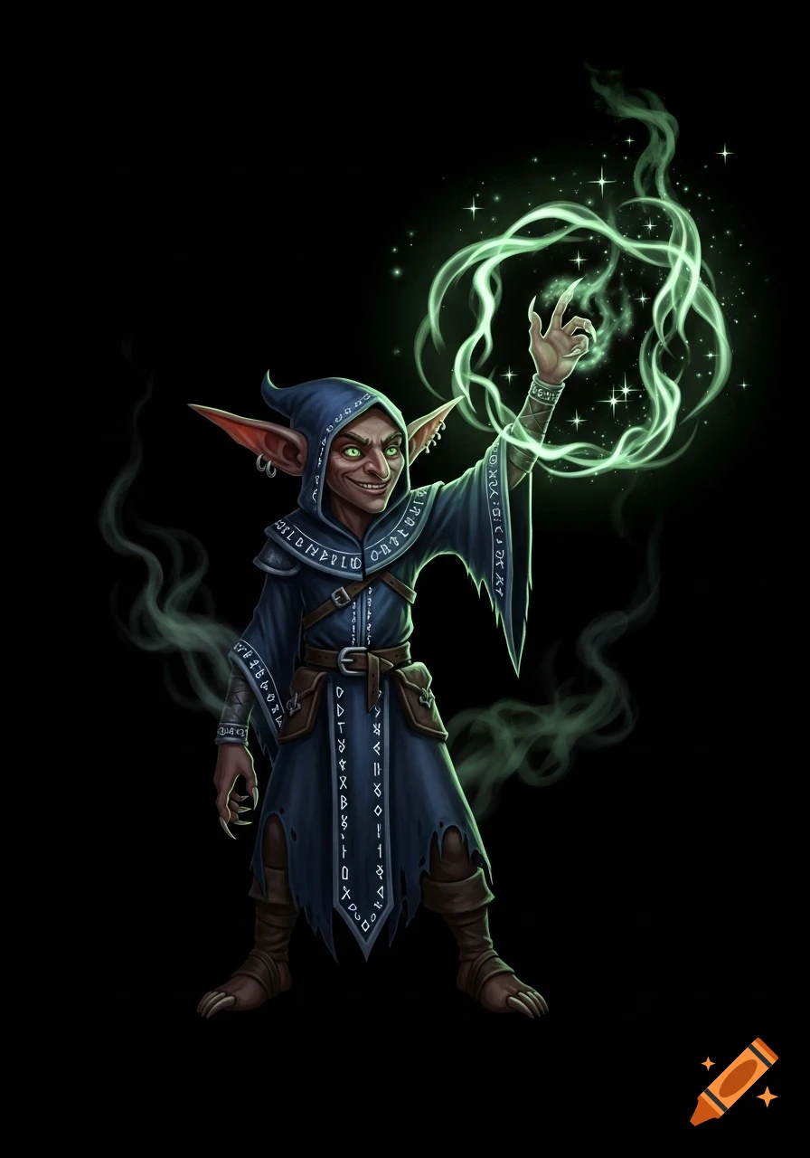 A malevolent-looking goblin in a hooded robe casts a glowing green spell on a black background.