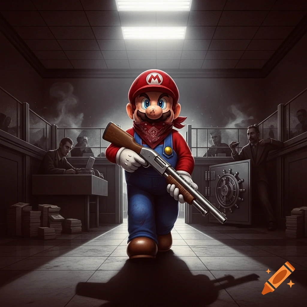 Mario, with a bandana over his face and holding a pump-action shotgun, walks into a dimly lit bank.
