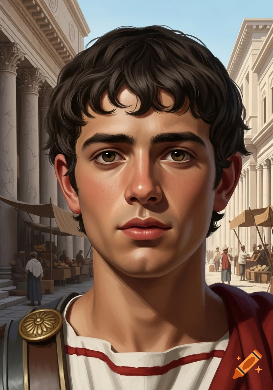 A young man with dark curly hair and a red toga stands in a bustling ancient Roman marketplace with classical buildings.