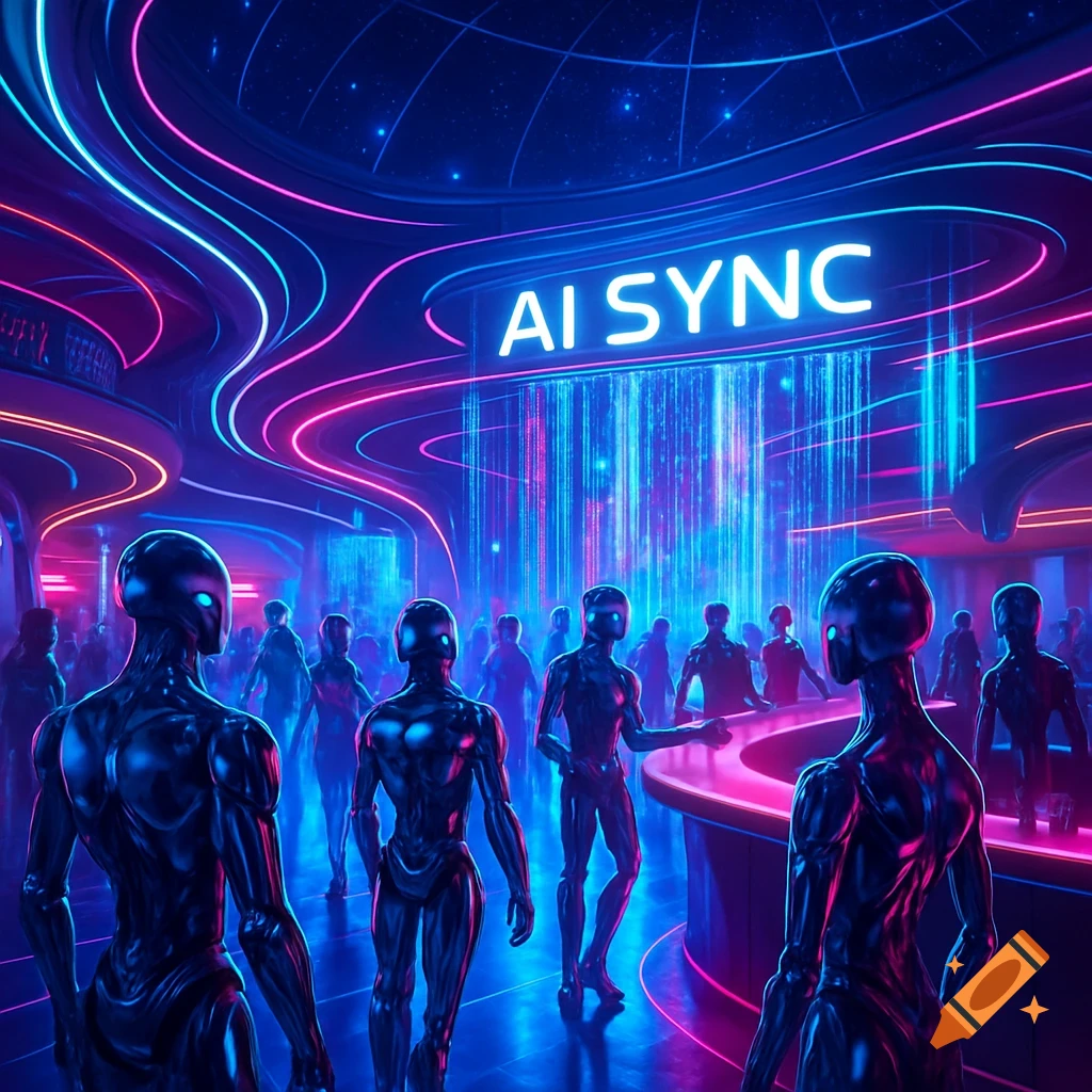 Humanoid figures stand in a futuristic, neon-lit club with glowing blue and pink lights and a large 'AI SYNC' sign.