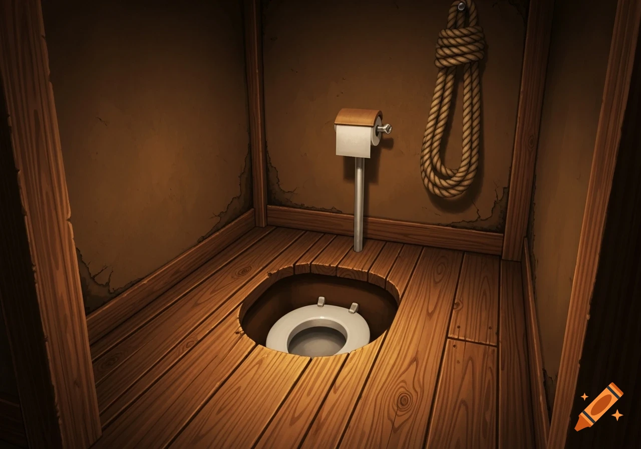 A stylized illustration of a rustic wooden outhouse with a toilet seat over a hole in the floor, toilet paper, and a rope hanging on the brown wall.