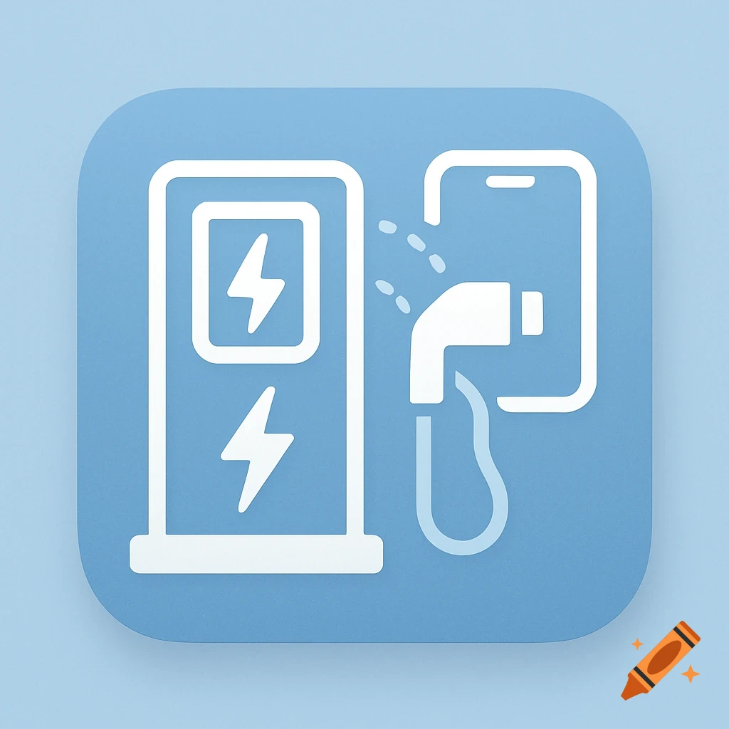 Light blue app icon for EV charging, showing a charging station, a smartphone, and a charging plug with dotted connection lines.