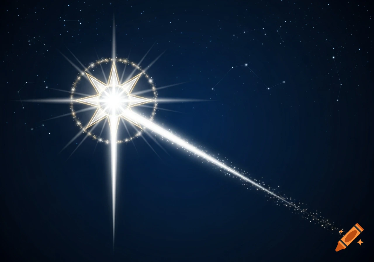 A brightly shining, multi-pointed white and gold star with a long radiant tail extending downward and to the right, against a dark blue starry night sky with faint constellations.